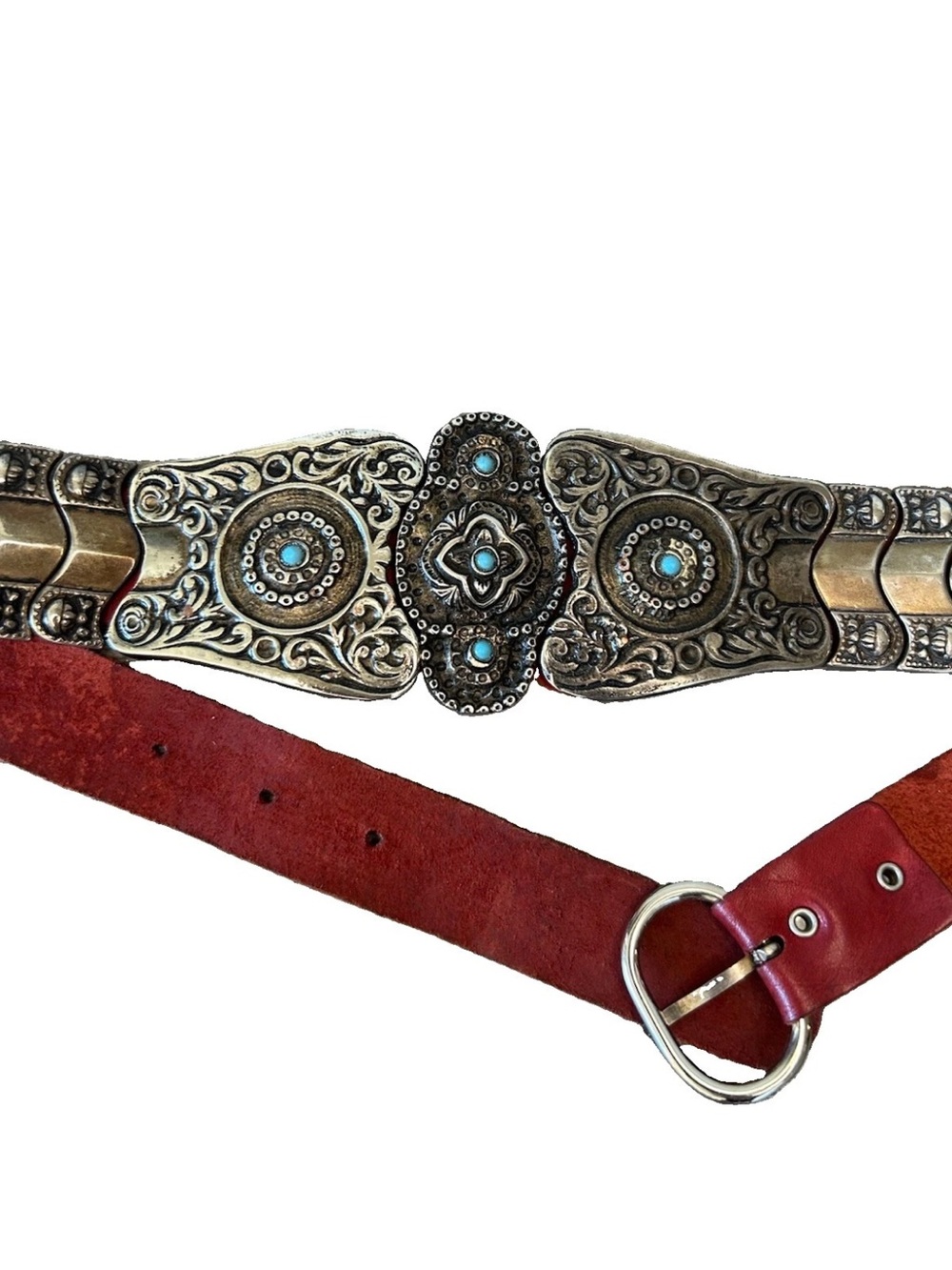 Vintage Red Leather Concho Belt Turquoise Silver Tone Western Boho 36.5” S/M - Picture 2 of 16